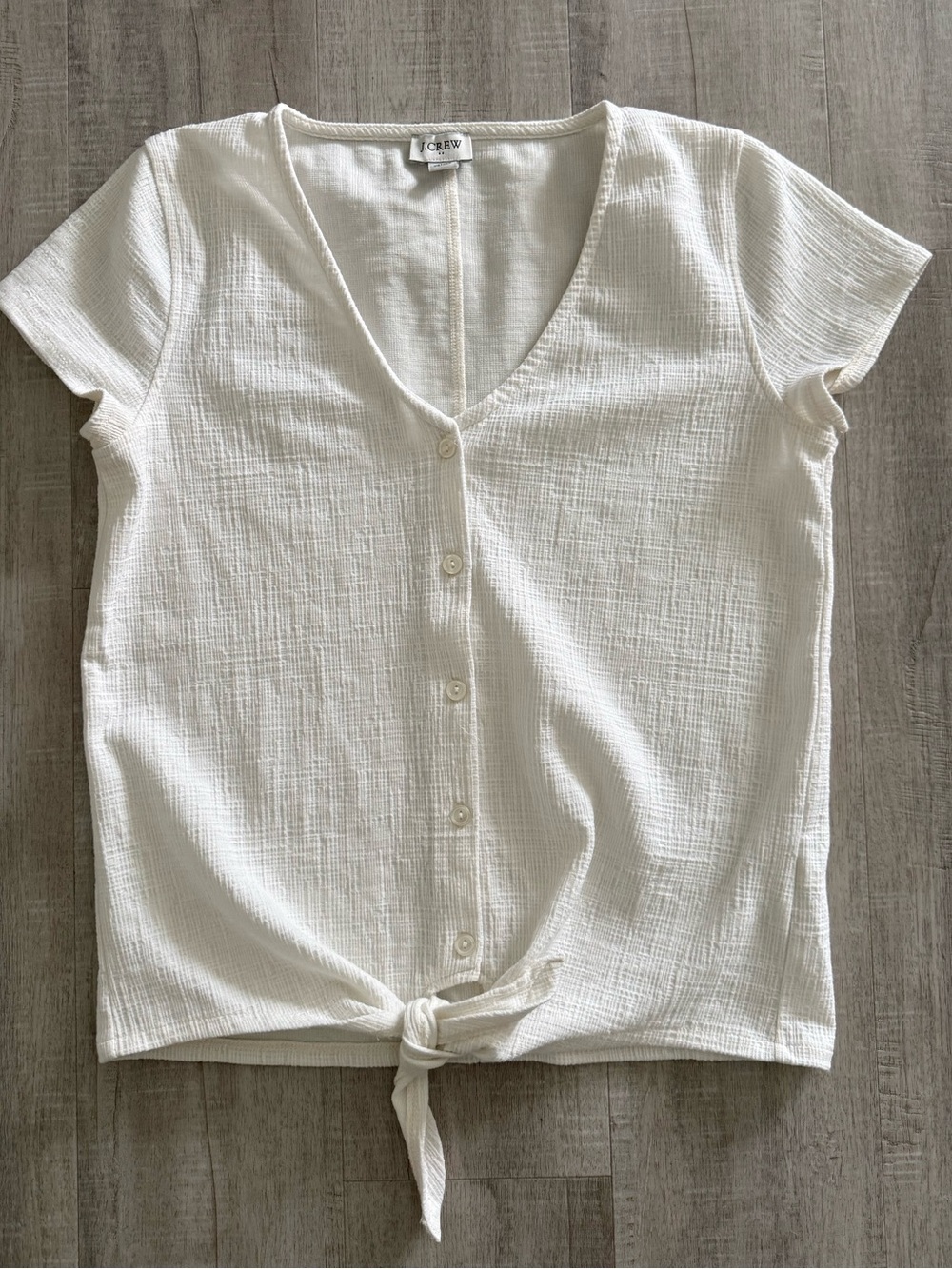 J. Crew White Textured White Tie-Front V-Neck Button Top, Womens XS
